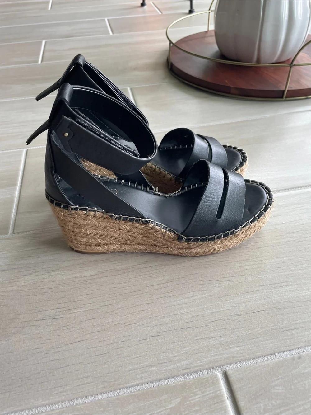 Franco Sarto Black Leather Espadrille Wedge Sandals with Ankle Strap